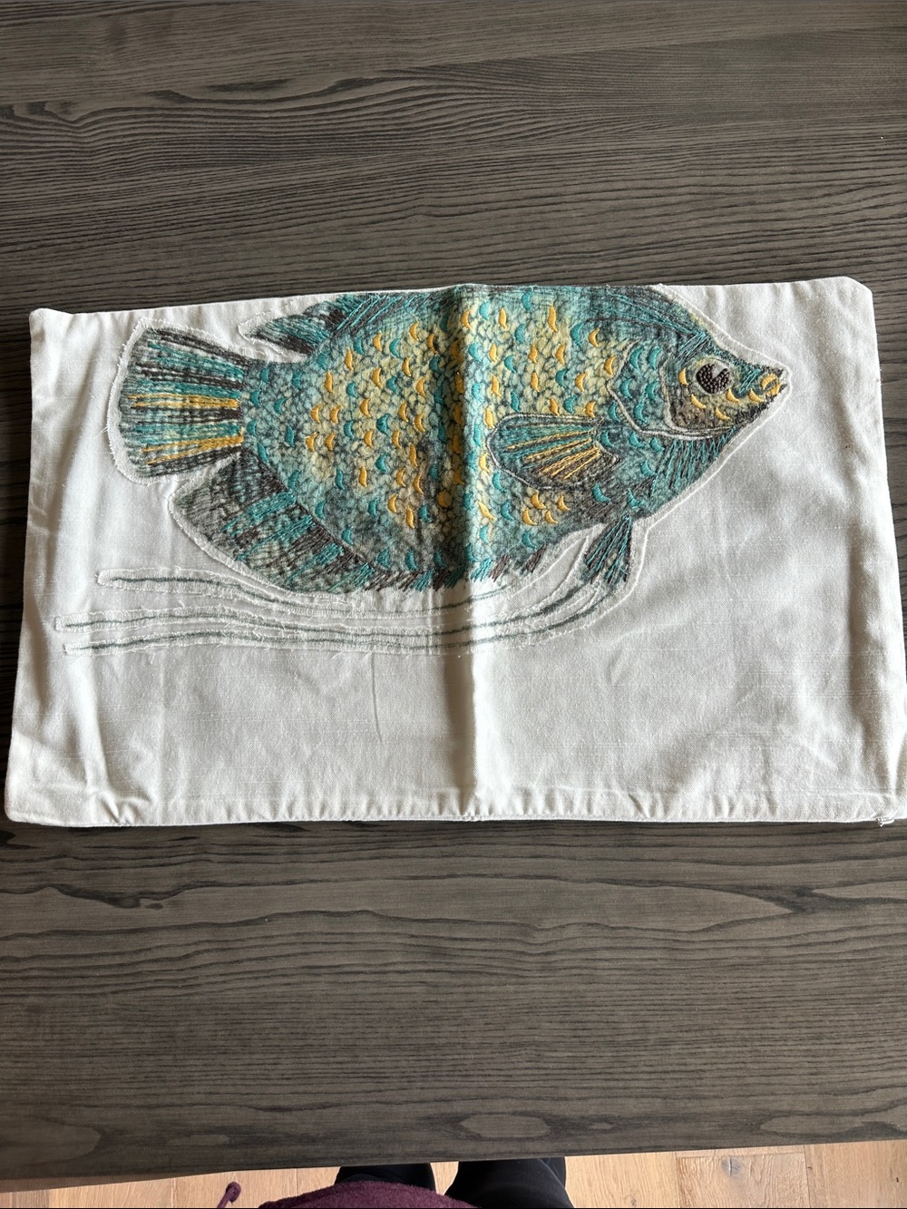 Pottery Barn embroidered Fish Accent Pillow Cover in Teal & Yellow
